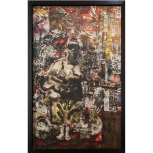 Ofentse Seshabela Bloody hell junk history 2017 Smoke, Collage and acrylic on Fabriano 156 x 105 cm