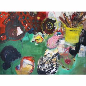 Nina Holmes Still Life with Colander and Brushes 2019 Acrylic on canvas 174 x 123 cm