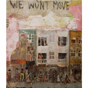 Thonton Kabeya Inner city blues 1 2020 walnut powder and newspaper ink transfer on sculpting canvas 140 x 121 cm